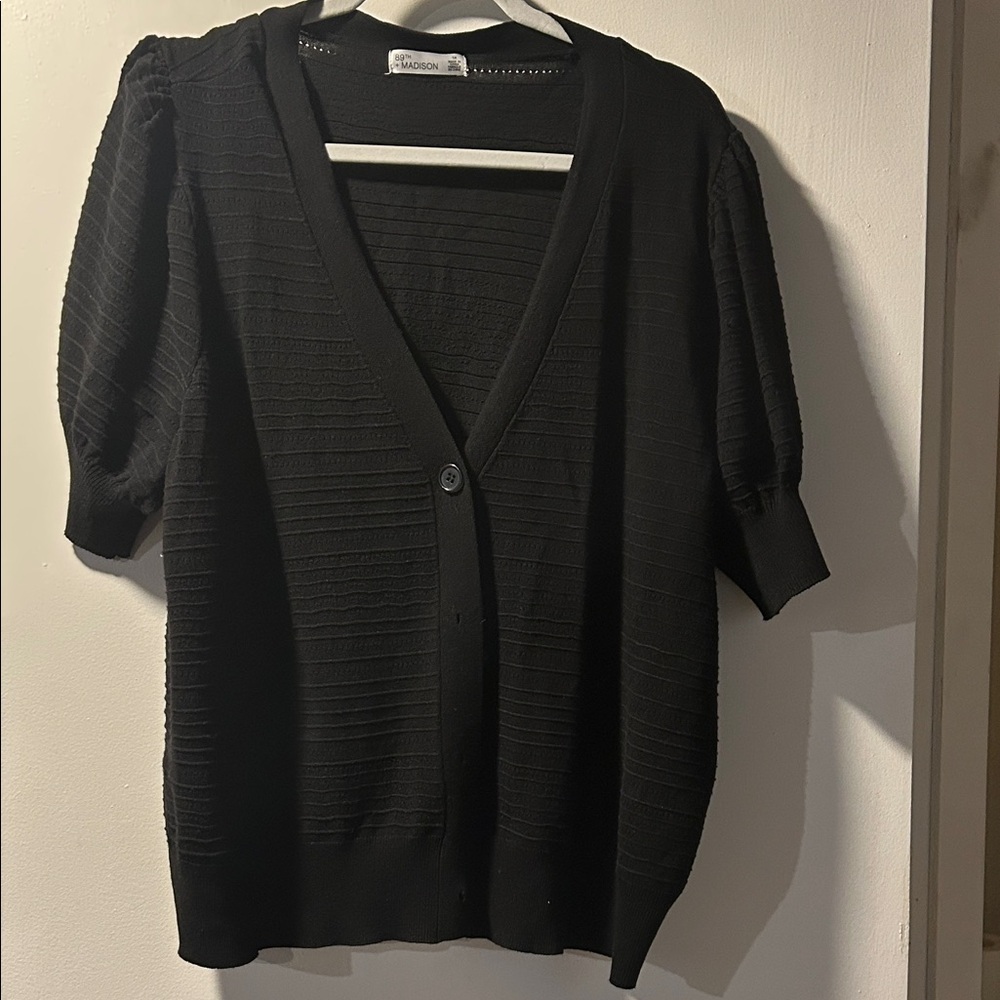 Madison Black Textured V-Neck Cardigan with Short Puff Sleeves